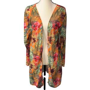 Boho Tropical Hibiscus Kimono — Sheer Mesh Floral Duster Beach‎ Coverup Festival